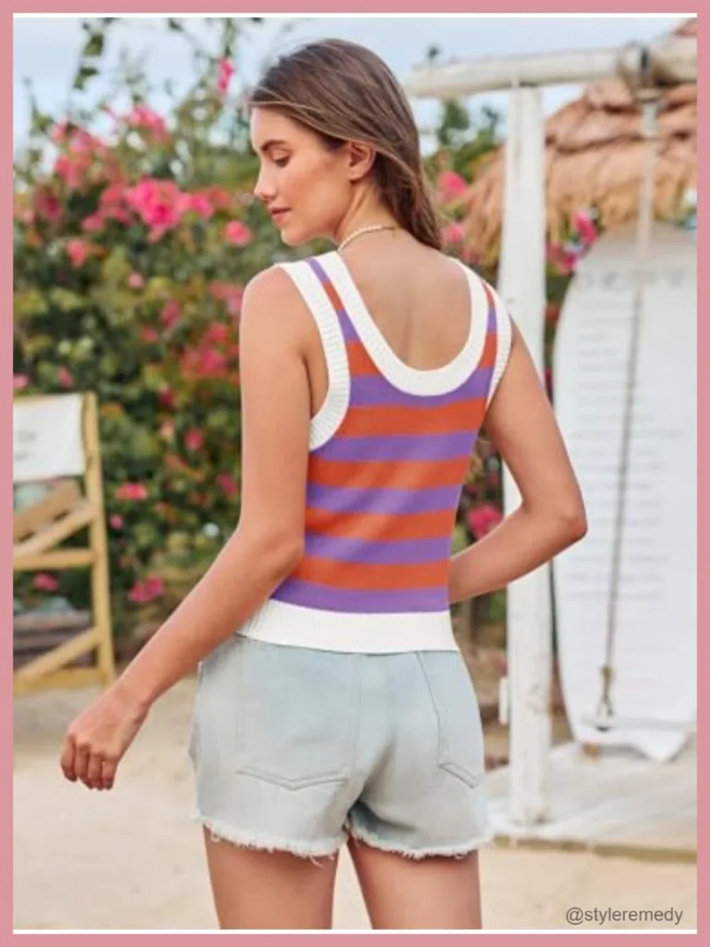 Ribbed Knit Sleeveless Striped Scoop Neck Tank Top